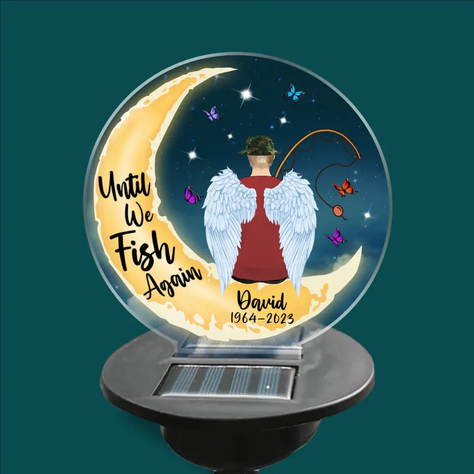 Someone We Love Is Fishing In Heaven Moon - Personalized Solar Light, Memorial Gift For Dad/Husband