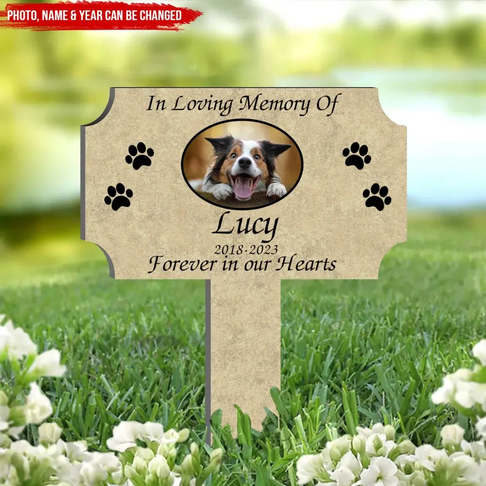 Forever In Our Hearts - Personalized Plaque Stake, Personalized Plate With Paw Prints, Pet Loss Gift