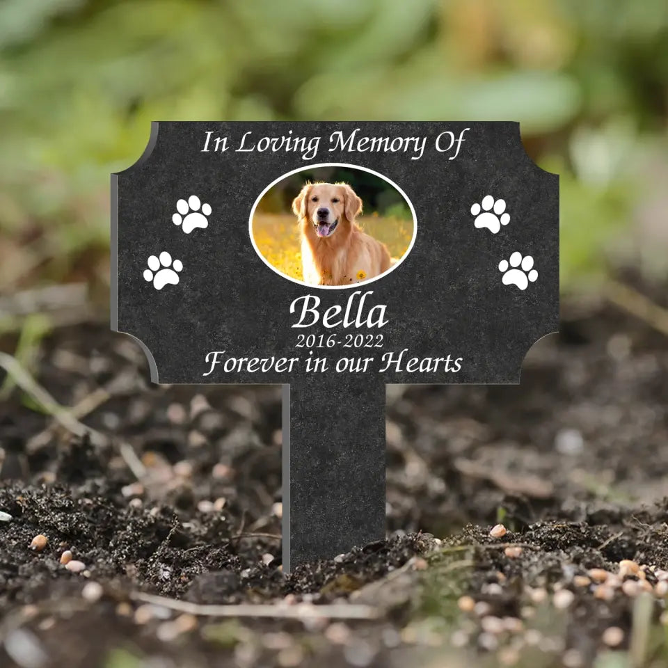 Forever In Our Hearts - Personalized Plaque Stake, Personalized Plate With Paw Prints, Pet Loss Gift