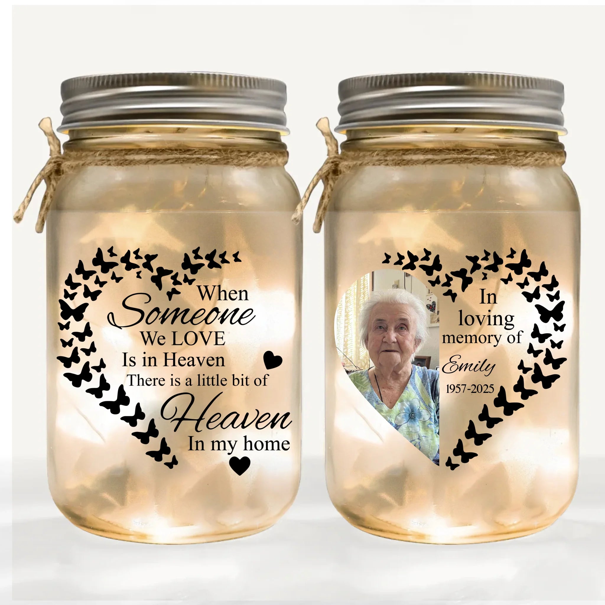 There Is A Little Bit Of Heaven In Our Home - Personalized Mason Jar Light, Memorial Gift