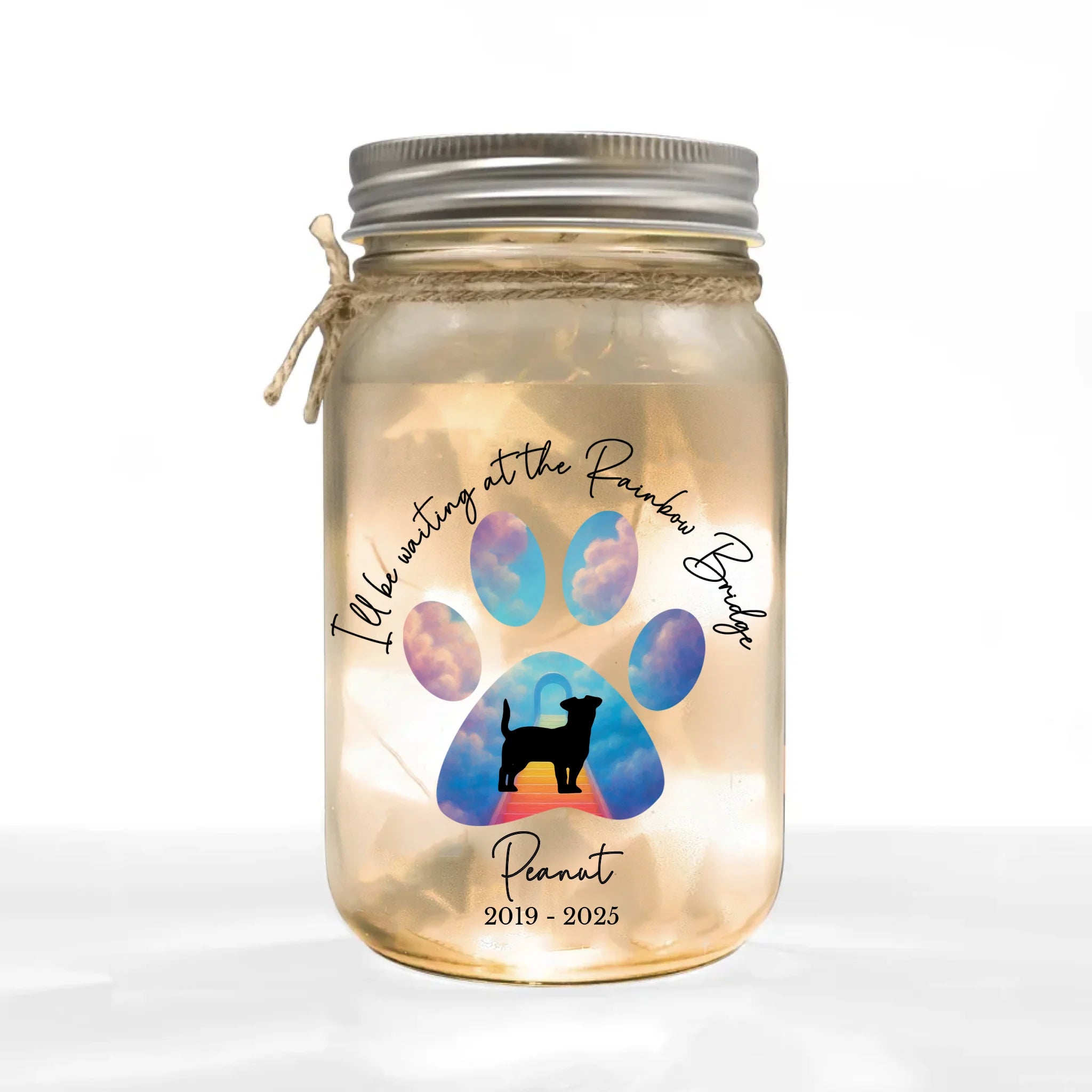 I'll Be Waiting At The Rainbow Bridge - Personalized Jar Light, Dog Loss Gift