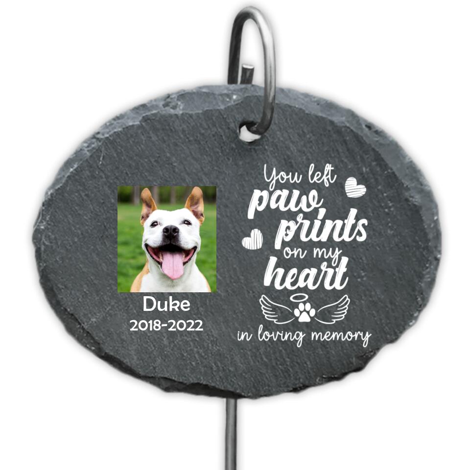 You Left Pawprints On My Hearts | Personalized Pet Memorial Garden Slate With Hook, Pet Loss Gift, Pet Bereavement Gift, Garden Memorial