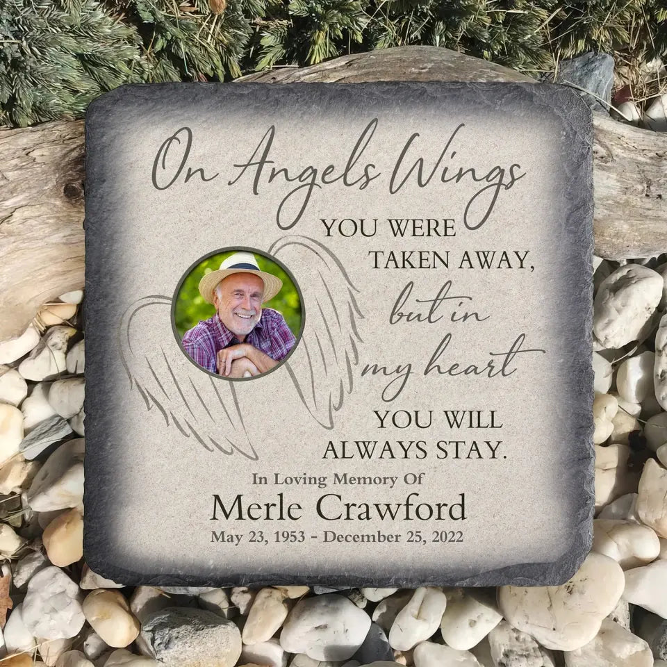 On Angels Wings You Were Taken Away - Personalized Memorial Stone, Memorial Gift Idea, Custom Photo