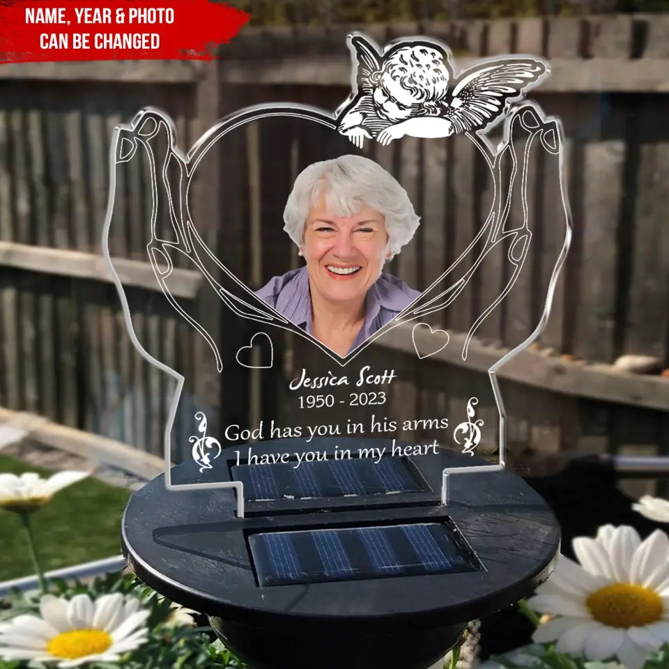 God Has You In His Arms I Have You In My Heart - Personalized Solar Light, Gift For Memorial