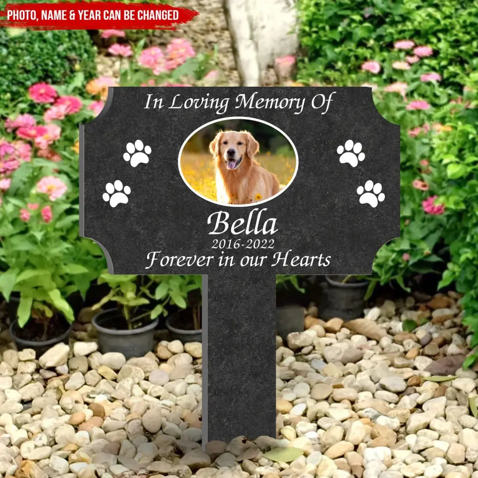Forever In Our Hearts - Personalized Plaque Stake, Personalized Plate With Paw Prints, Pet Loss Gift