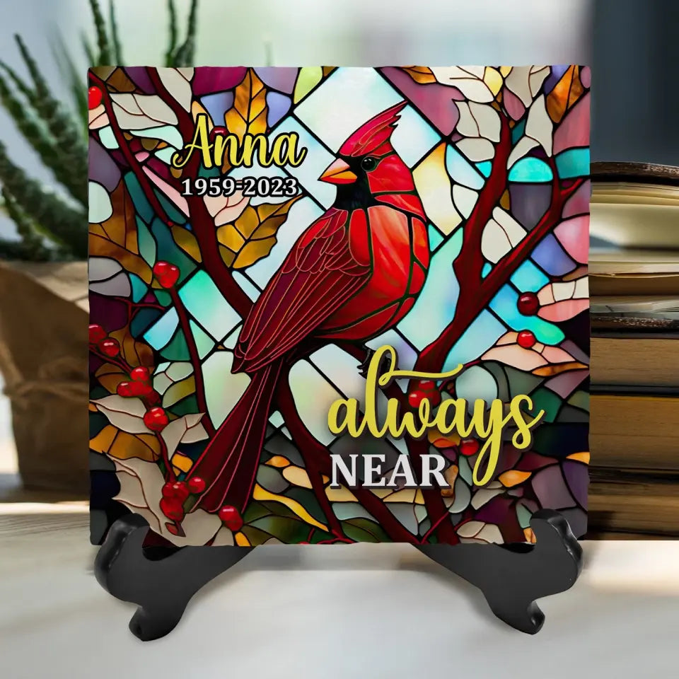 Cardinal Always Near Stained Glass - Personalized Memorial Stone, Memorial Gift - MS64