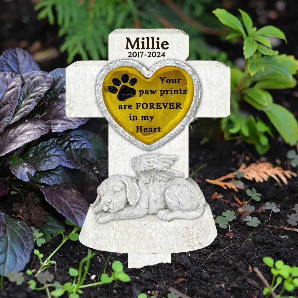 Paw Prints Are Forever In Our Hearts Sleeping Dog Angel - Personalized Plaque Stake, Dog Memorial Gift, Pet Loss Sympathy Gift - PS88