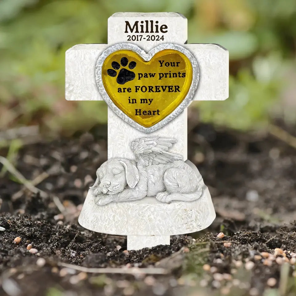 Paw Prints Are Forever In Our Hearts Sleeping Dog Angel - Personalized Plaque Stake, Dog Memorial Gift, Pet Loss Sympathy Gift - PS88