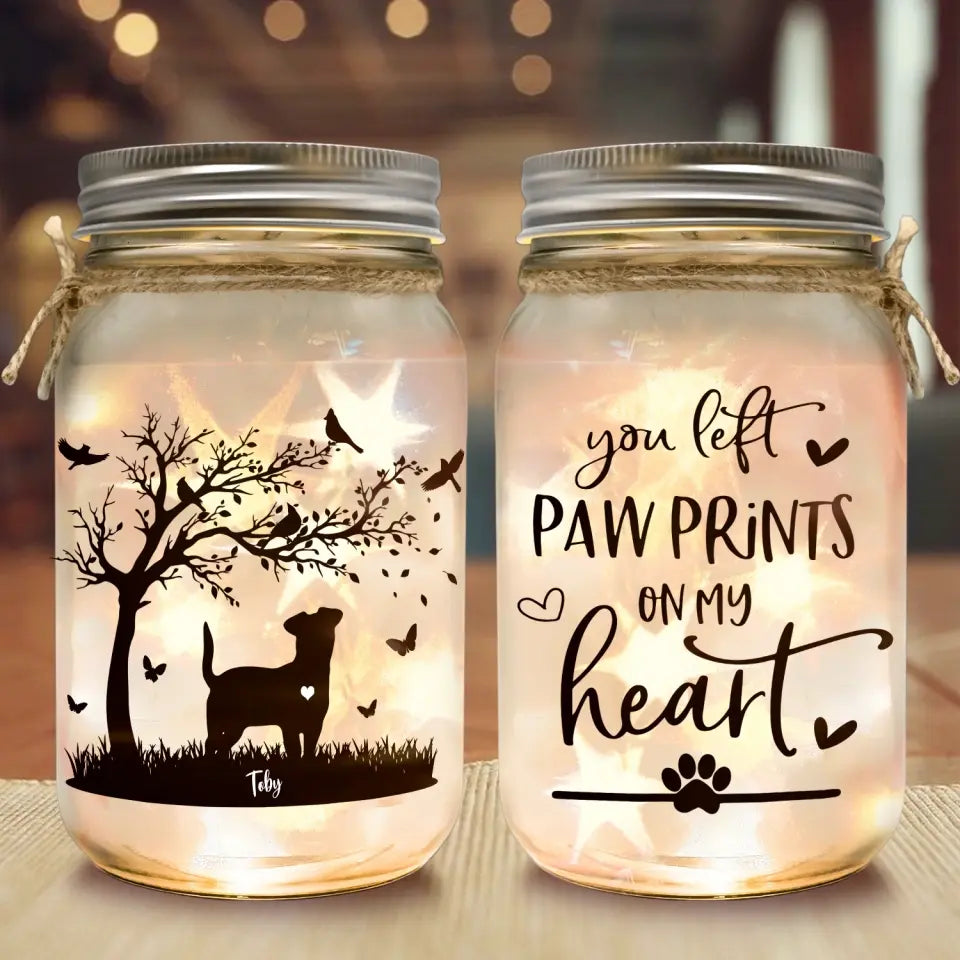 You Left Pawprints In Our Hearts - Personalized Mason Jar Light, Loss of Dog Memorial Gift for Dog Lovers/Dog Mom/Dog Dad - MJL01