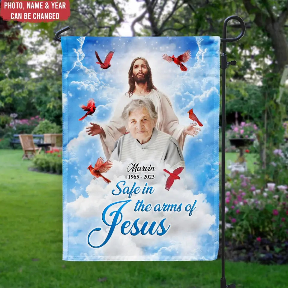 Safe In The Arms Of Jesus - Personalized Garden Flag, Memorial Gift, Sympathy Gift - GF172