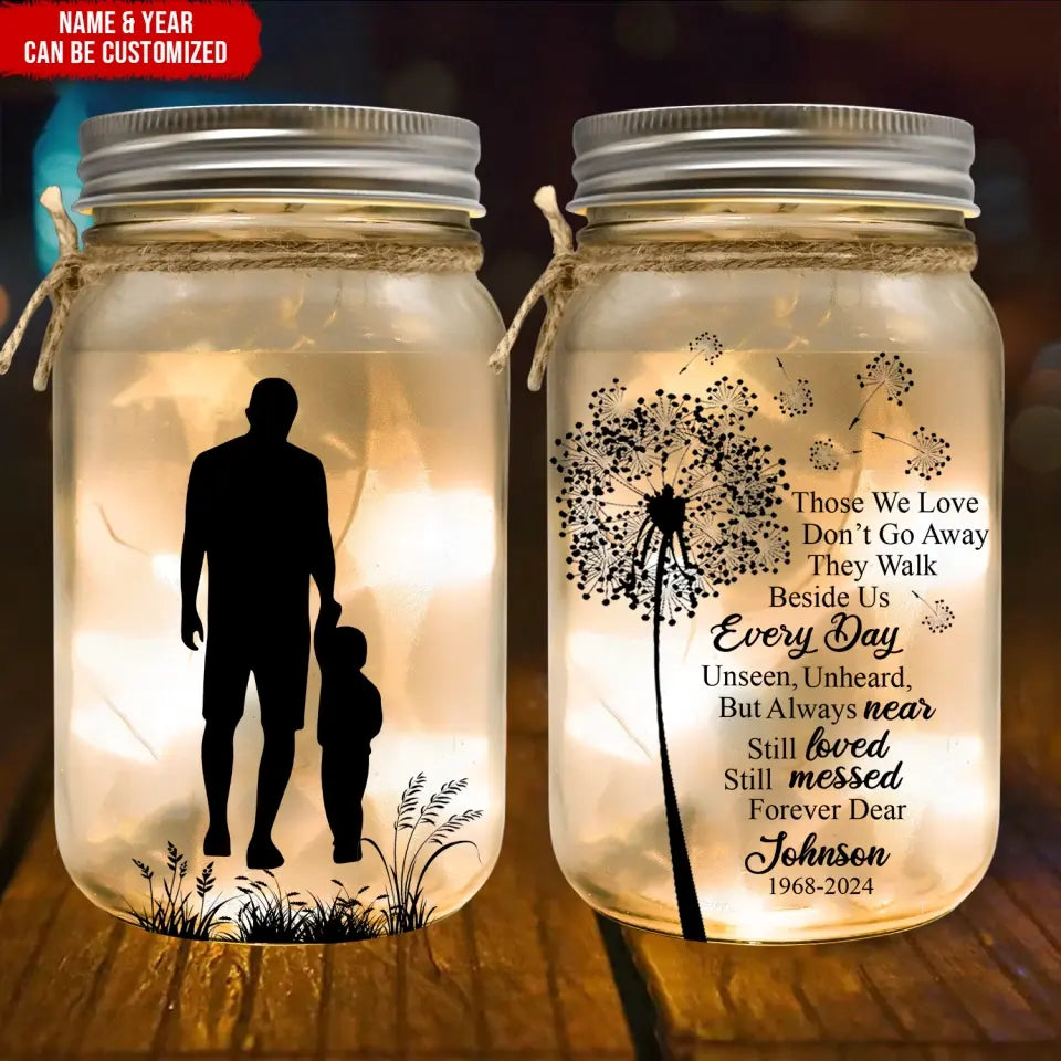 Poem For Memorial, Those We Love Don’t Go Away They Walk Beside Us Every Day - Personalized Mason Jar Light - MJL08