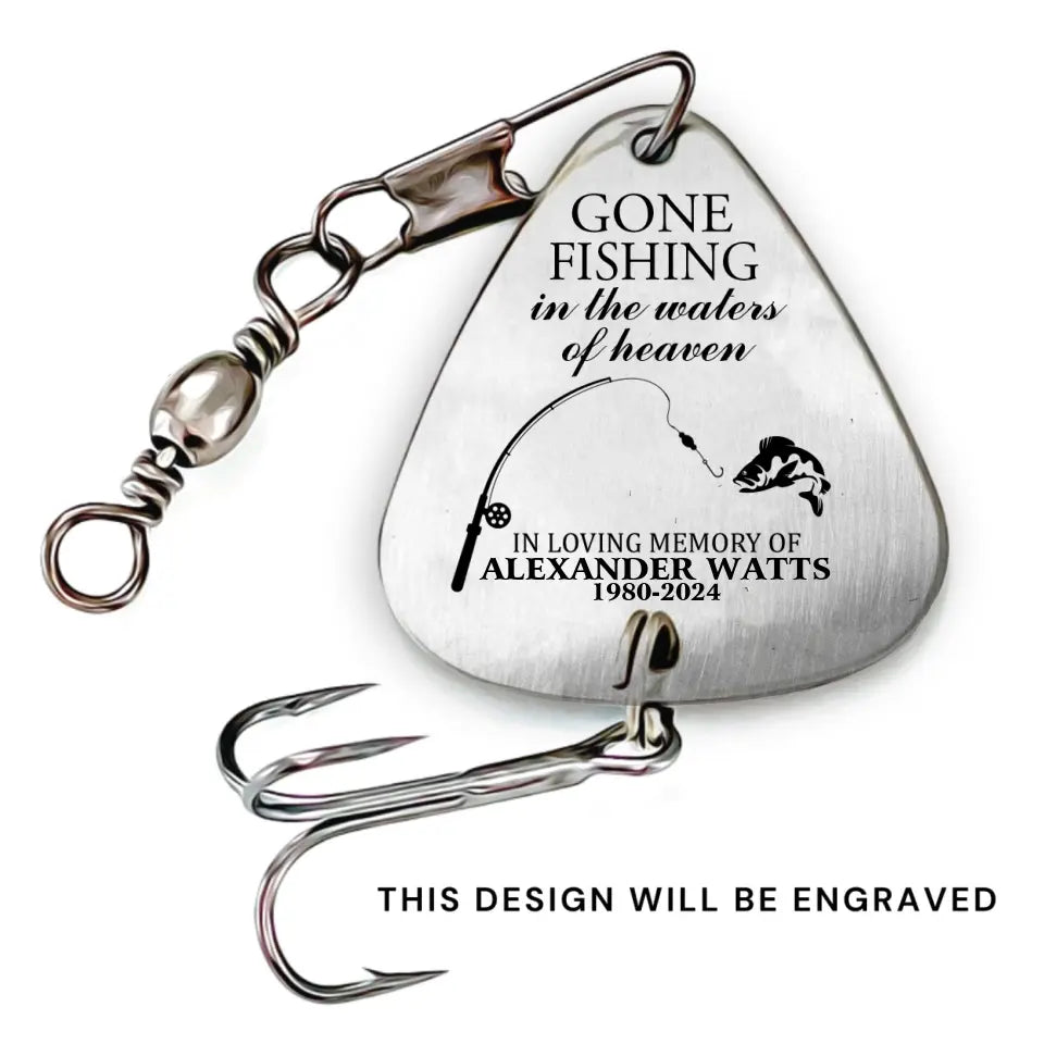engraved fishing lure necklace Gone Fishing In The Waters Of Heaven - Personalized Fishing Lure, Memo