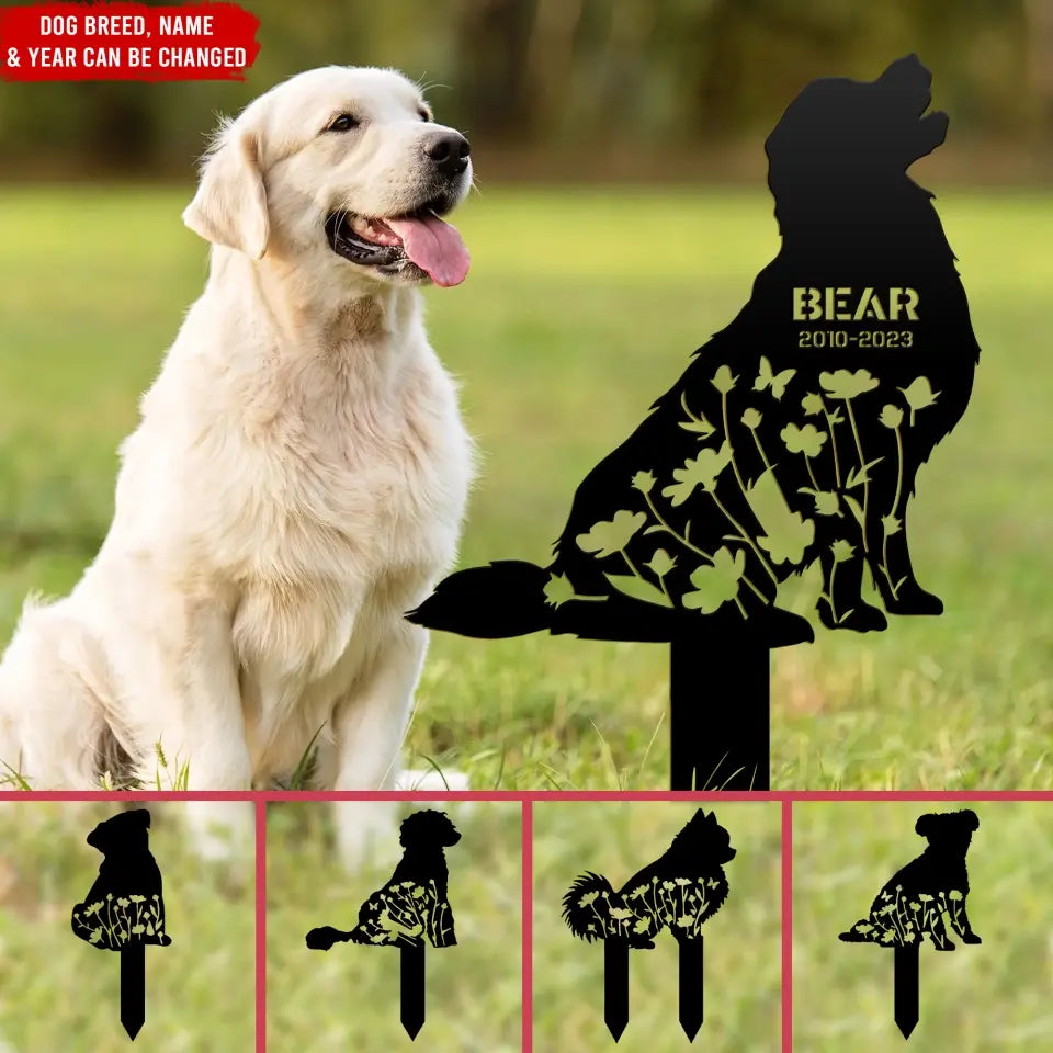 Custom Floral Dog Memorial - Personalized Metal Stake, Dog Grave Marker, Pet Loss Gift, Garden Decor - MPS01