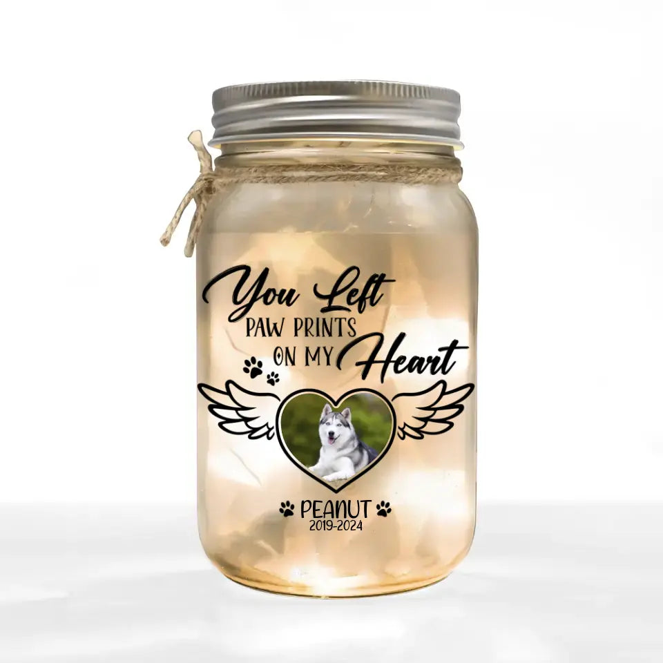 You Left Paw Prints On My Heart - Personalized Mason Jar Light, Memorial Gift - MM-MJL49
