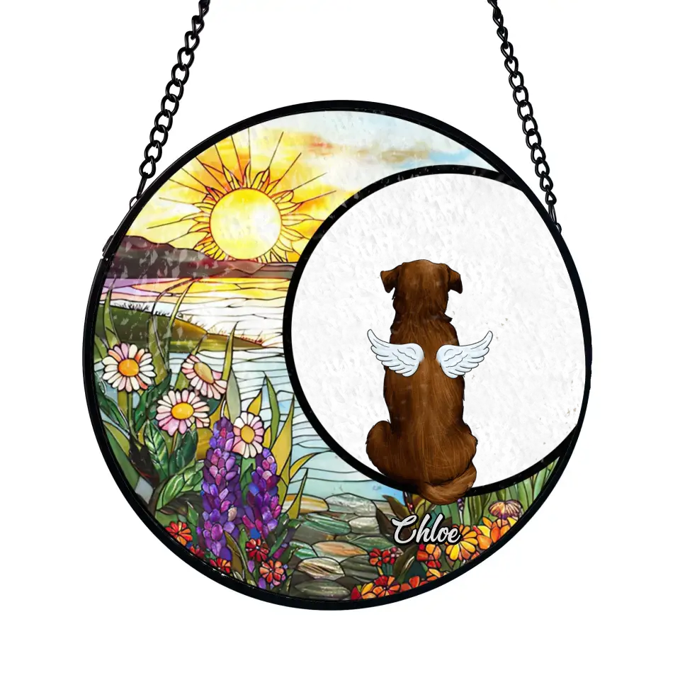 Pet On The Moon - Personalized Window Stained Glass, Suncatcher Hanging, Dog Remembrance Gift - WSG42UP