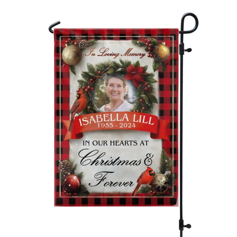 In Our Hearts At Christmas &amp; Forever - Personalized Garden Flag, Memorial Gift - GF417TL