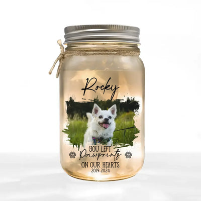 Custom Pet Photo, You Left Pawprints On Our Heart - Personalized Mason Jar Light, Memorial Gift - 125MJL20TL