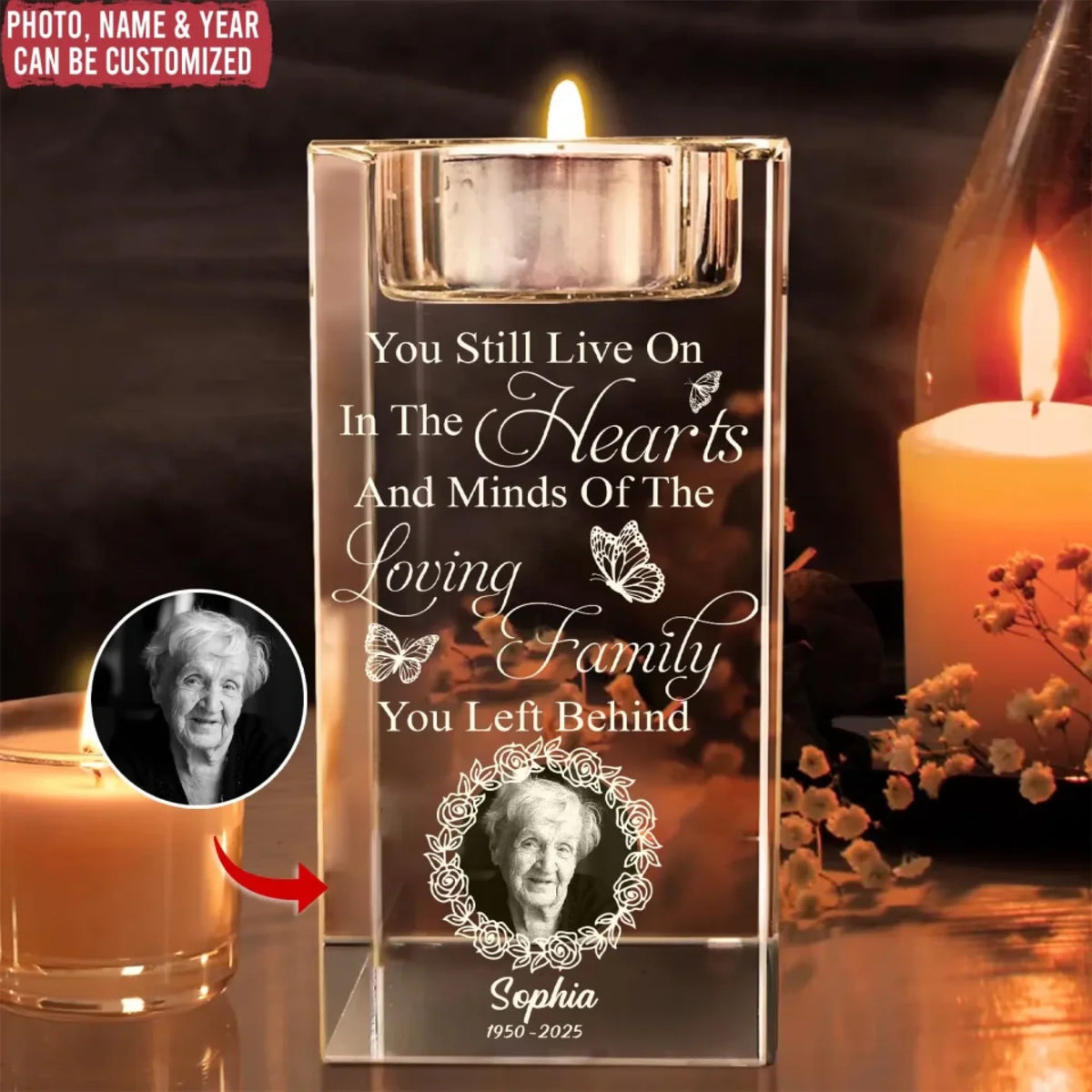 You Still Live On In The Hearts - Personalized Crystal Candle Holder, Memorial Gift, Sympathy Gift