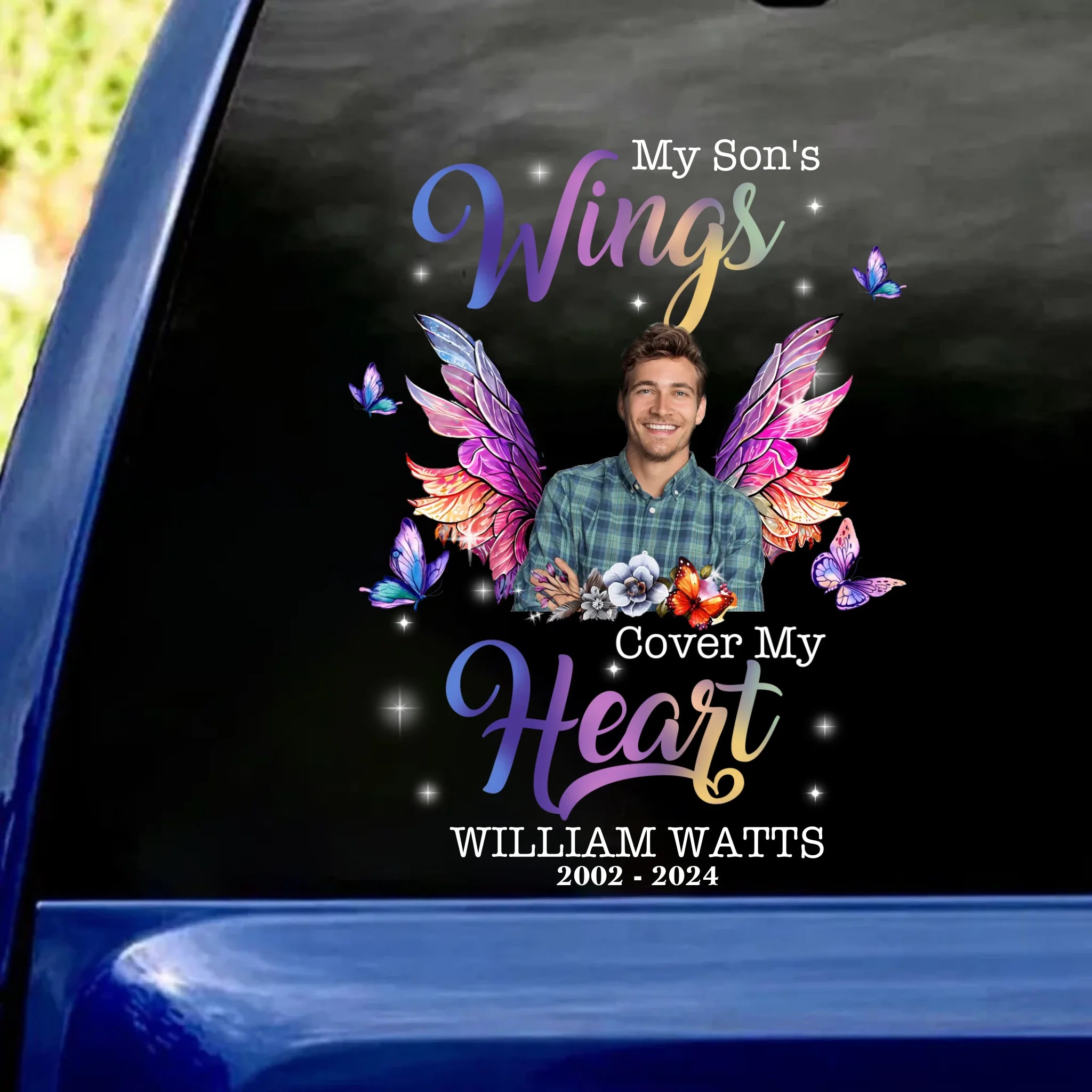 My Son's Wings Cover My Heart - Personalized Decal, Memorial Gift