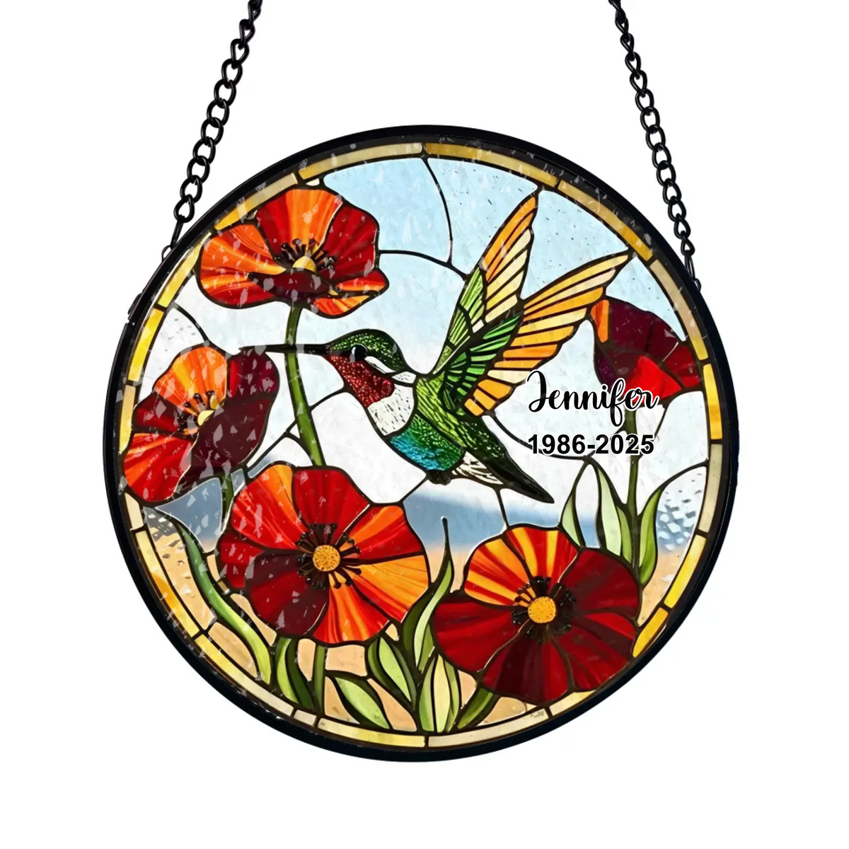 Hummingbird Poppy Flower - Personalized Window Stained Glass, Sympathy Gift, Memorial Suncatcher
