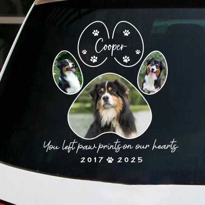 Custom Dog Photo, You Left Pawprint On Our Hearts - Personalized Decal, Memorial Gift