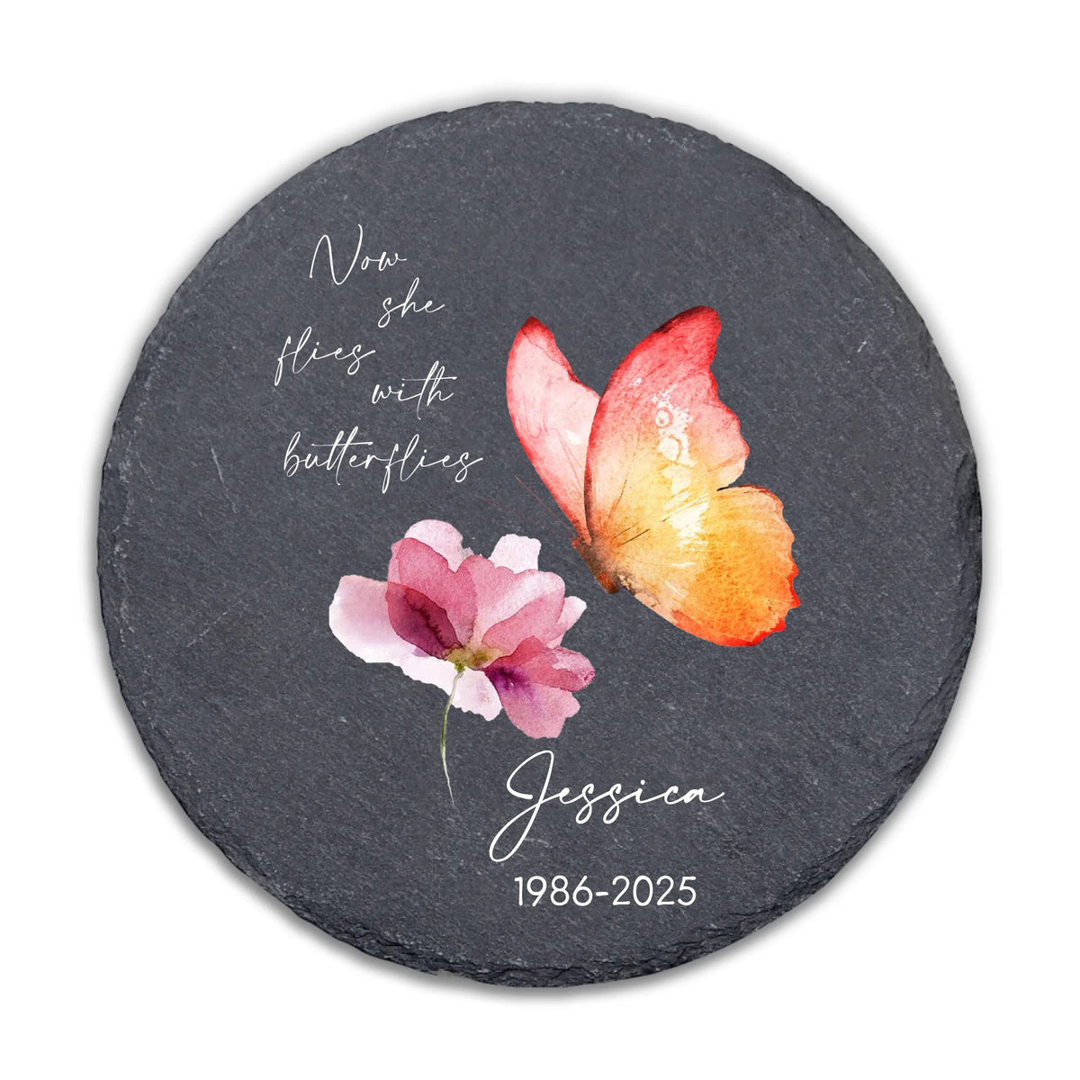 Now She Flies With Butterflies - Personalized Memorial Stone, Loss Of Loved One Gift