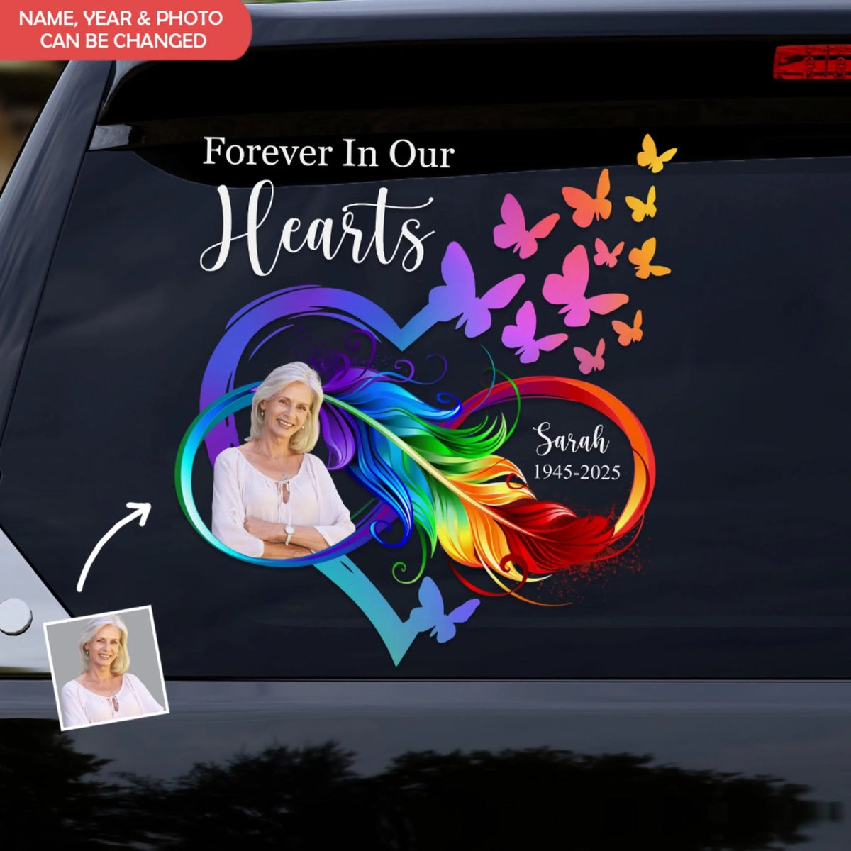 Custom Memorial Photo, Forever In Our Hearts - Personalized Decal, Memorial Gift