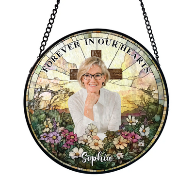 Wildflowers Cross Forever In Our Hearts - Personalized Window Stained Glass, Memorial Gift