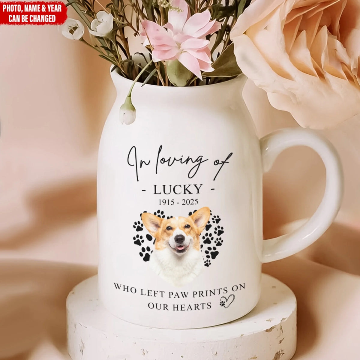 Who Left Paw Prints On Our Hearts - Personalized Flower Vase, Memorial Gift