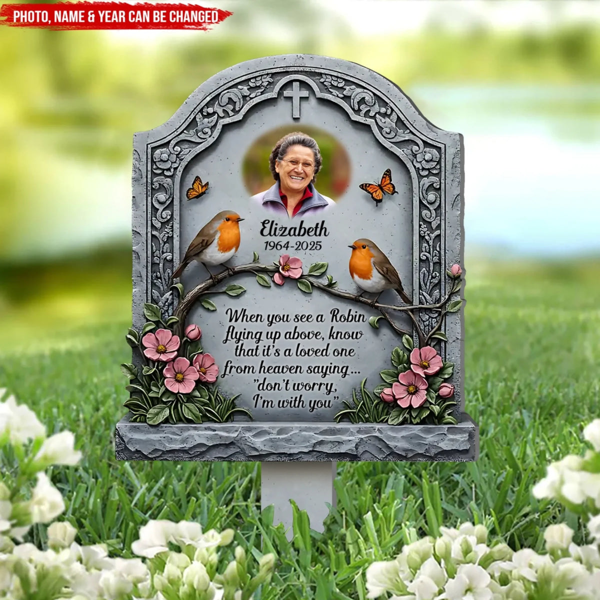 A Robin In Your Garden Memorial Sign - Personalized Plaque Stake, Sympathy Gift For Loss Of Loved One