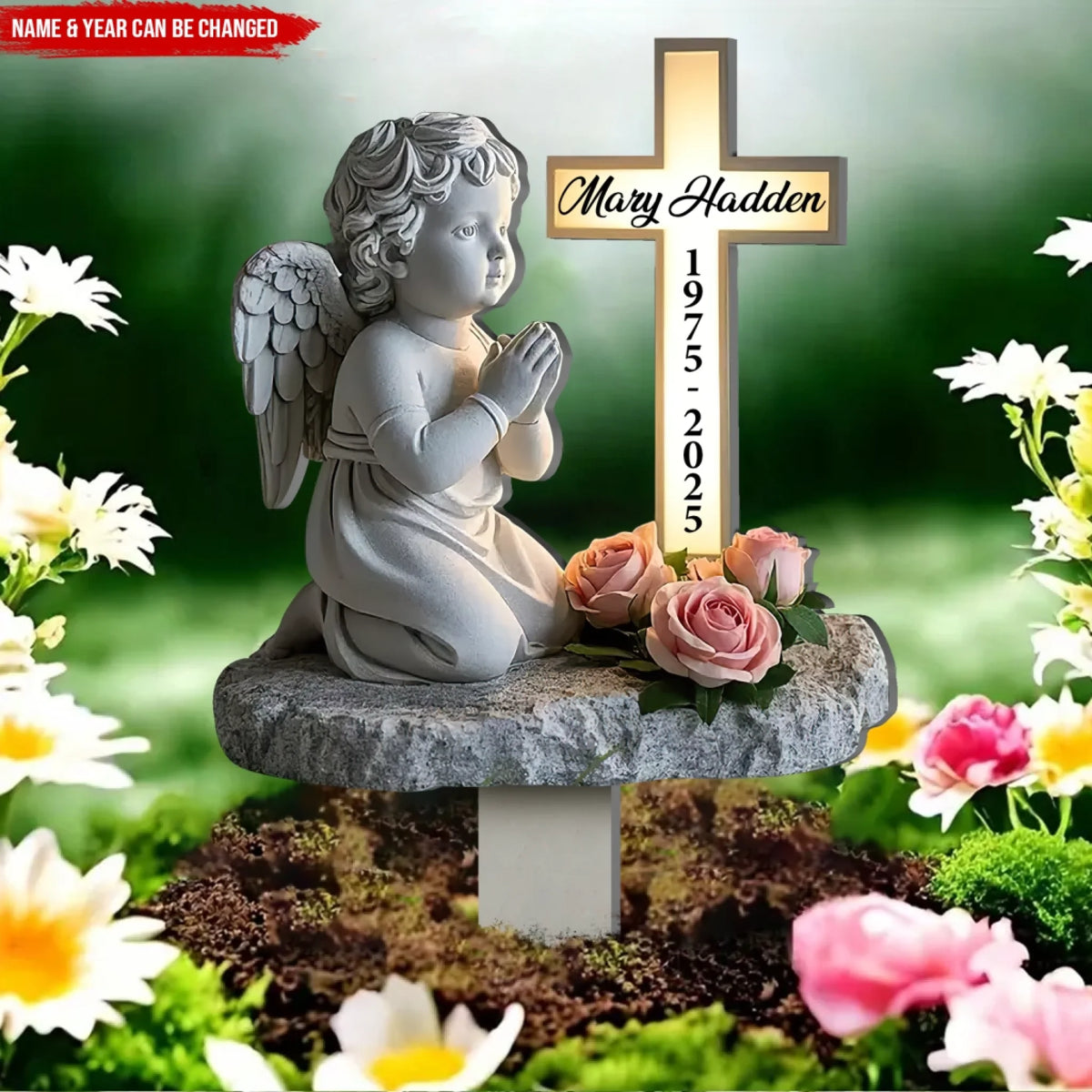 Flower And Cross Angel Praying Memorial Plaque - Personalized Plaque Stake, Sympathy Gift