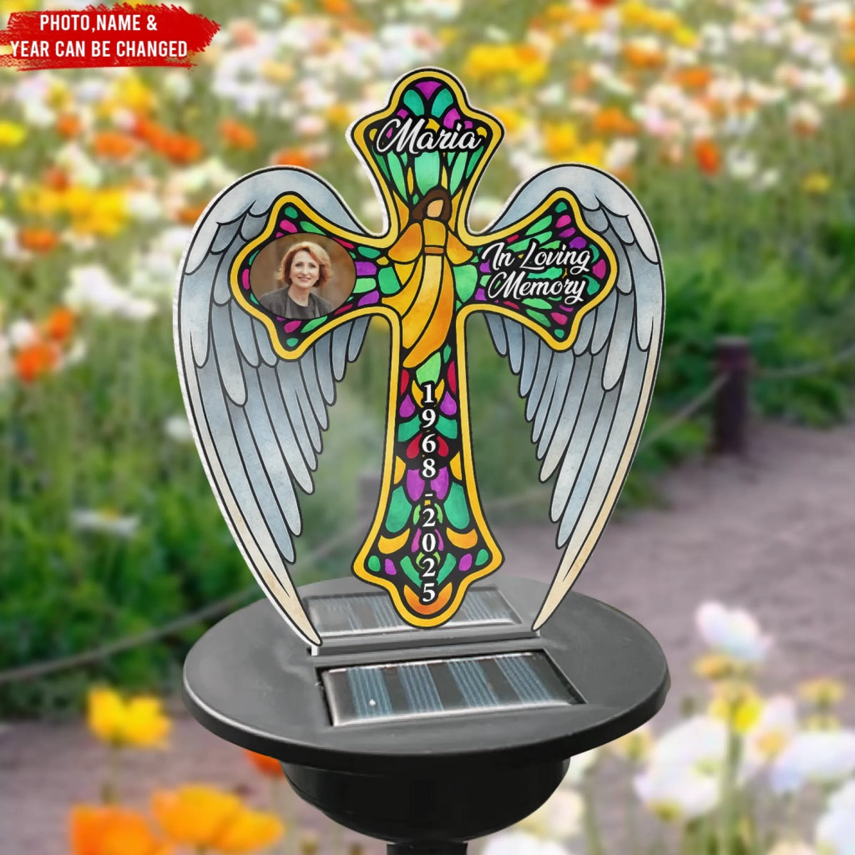 Jesus Cross Angel Wings - Personalized Solar Light, Memorial Light, Loss Of Loved One Sympathy Gift