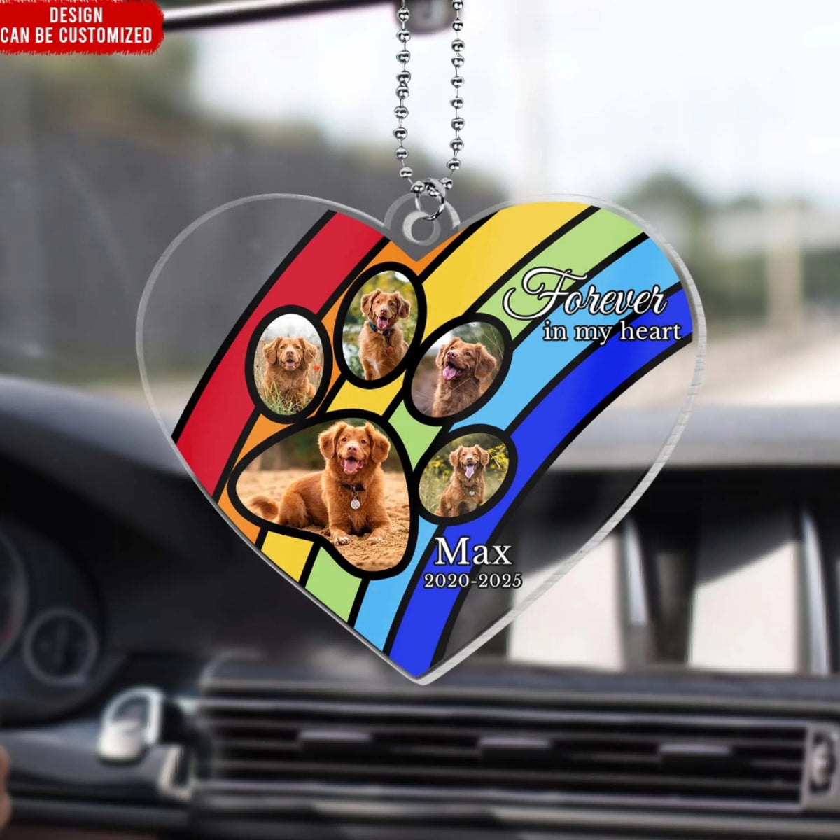 Forever In Our Hearts - Personalized Acrylic Car Hanger, Pet Memorial Gift, Rainbow Bridge Remembrance Gift