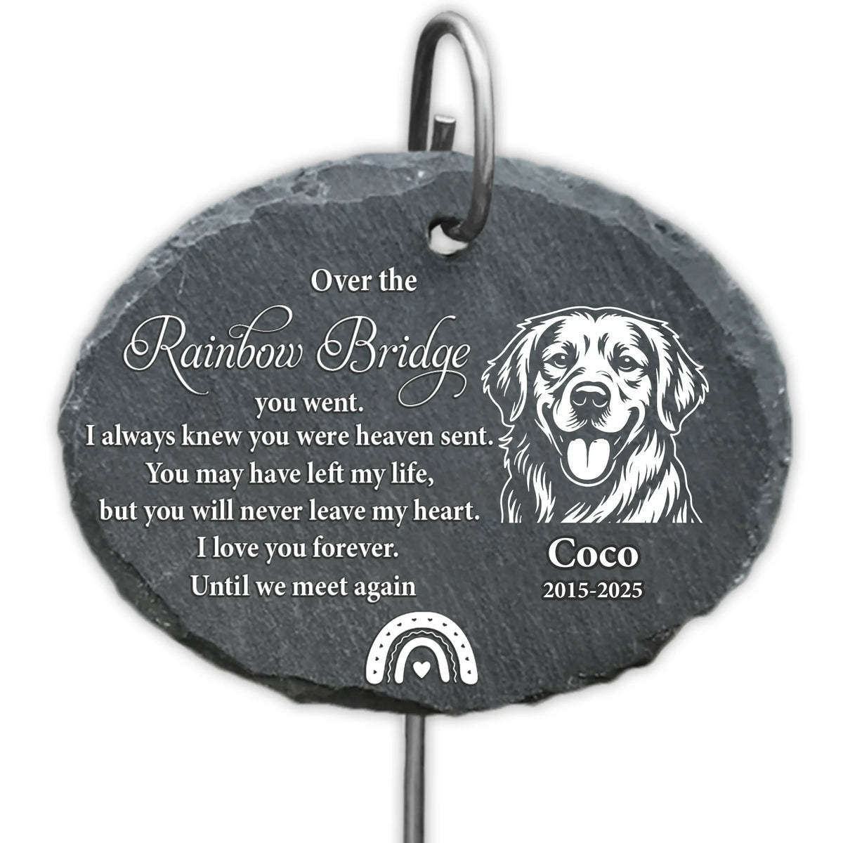 Over The Rainbow Bridge You Went - Personalized Garden Slate, Monochrome Line Art Drawing, Pet Loss Gift, Memorial Gift