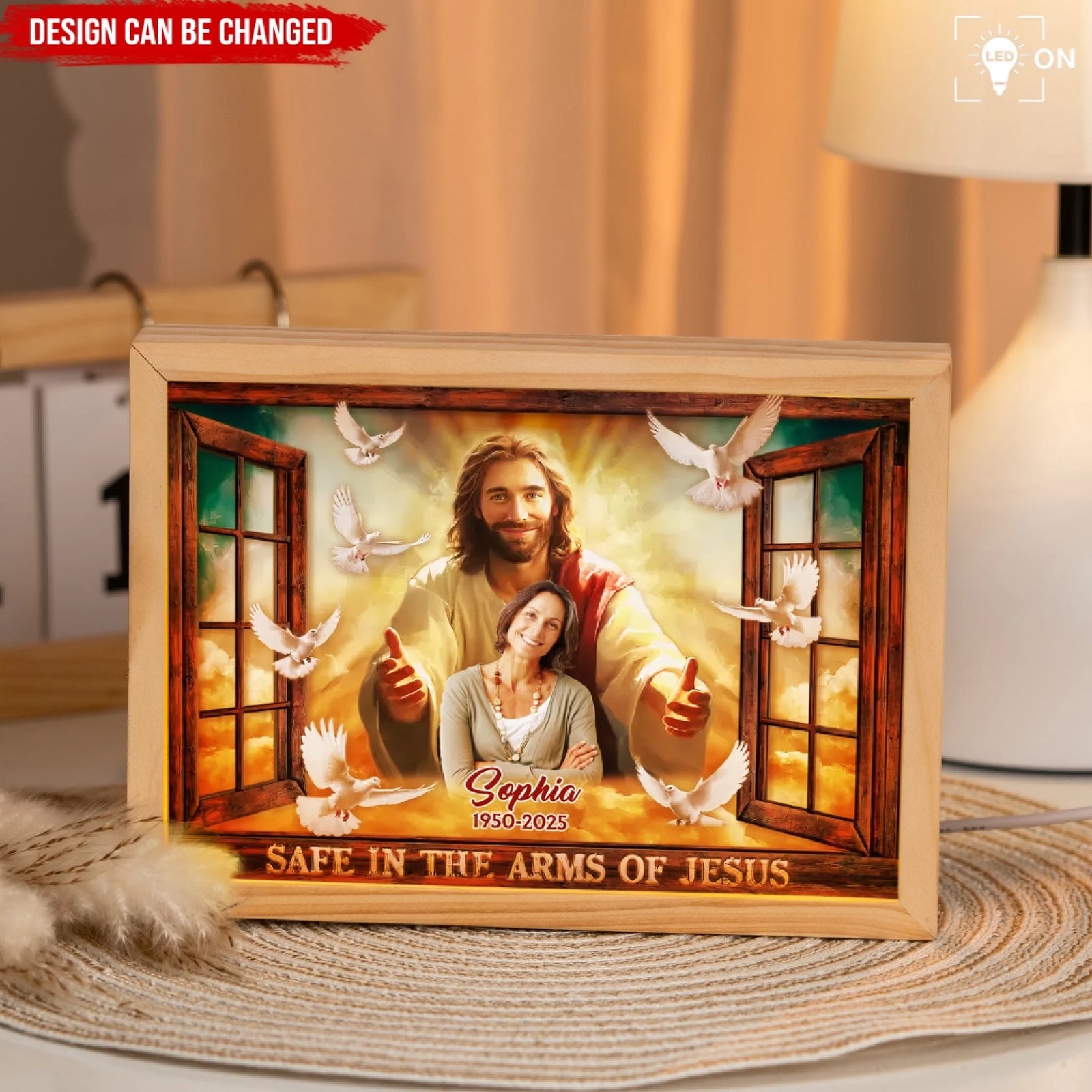 Safe In His Arm Of Jesus - Personalized Frame Light Box, Memorial Gift, Loss Of Loved One Gift