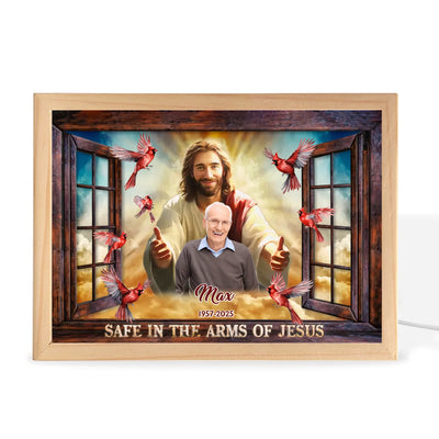 Safe In His Arm Of Jesus - Personalized Frame Light Box, Memorial Gift, Loss Of Loved One Gift