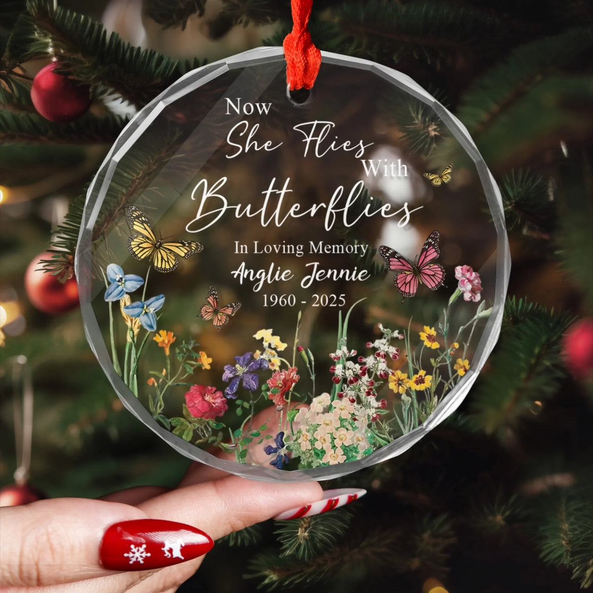 In Loving Memory Gift, Now She Flies With Butterflies - Personalized Glass Ornament, Memorial Gift