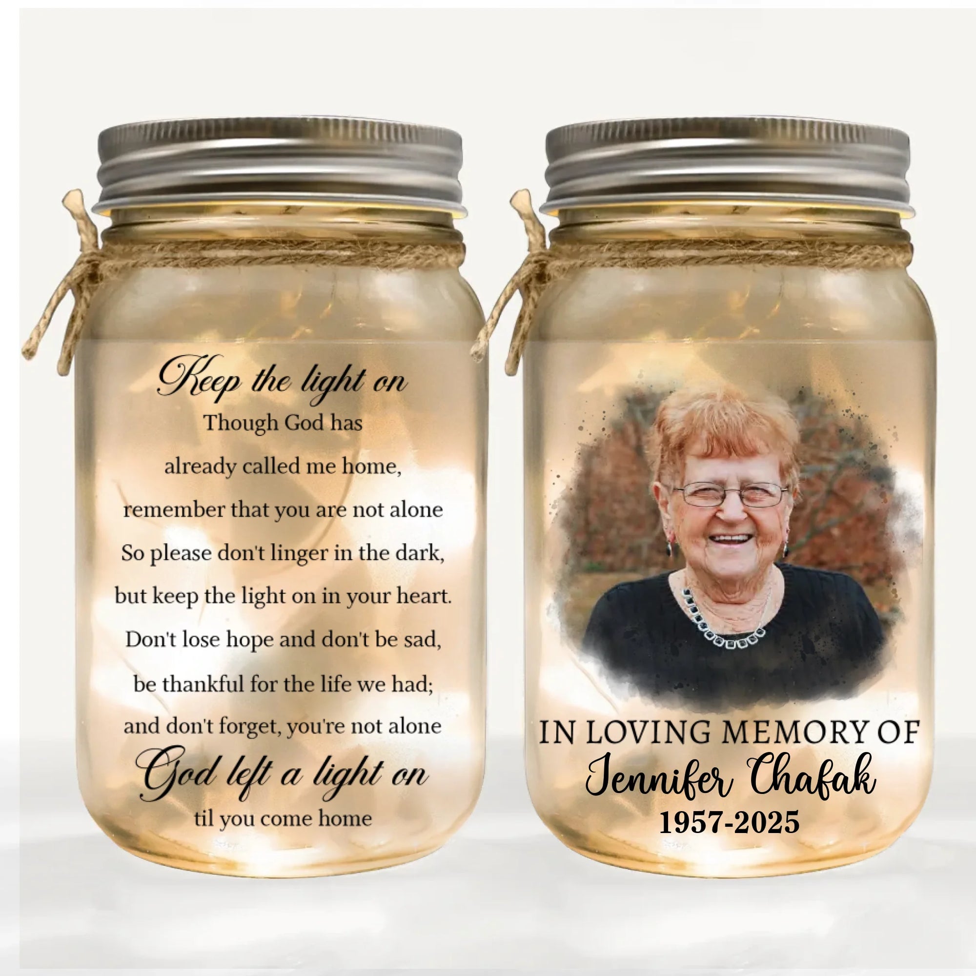 Keep The Light On - Personalized Mason Jar Light, Remembrance Gift, Custom Photo Memorial Gift