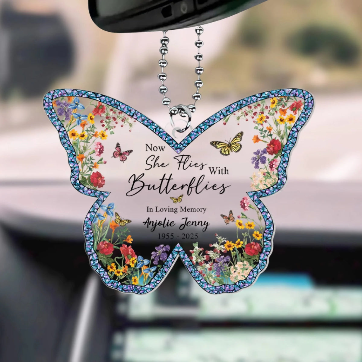 Now She Flies With Butterflies - Personalized Acrylic Car Hanger, Memorial Gift, Butterfly Car Hanger