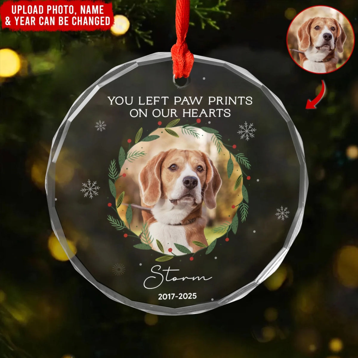 Pet Photo Christmas Memorial, You Left Paw Prints On Our Hearts - Personalized Glass Ornament