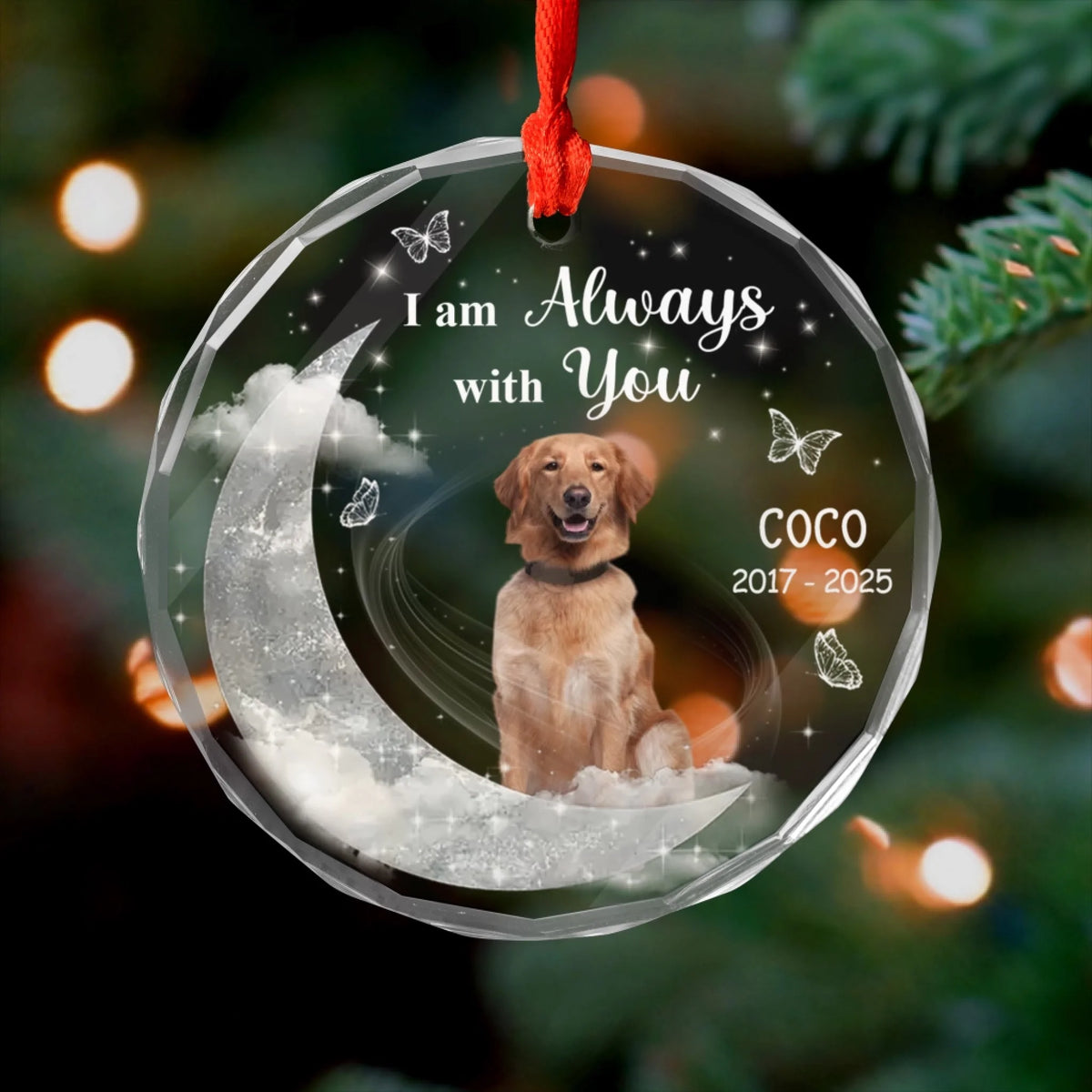 Custom Photo On Moon, I Am Always With You - Personalized Glass Ornament, Memorial Gift