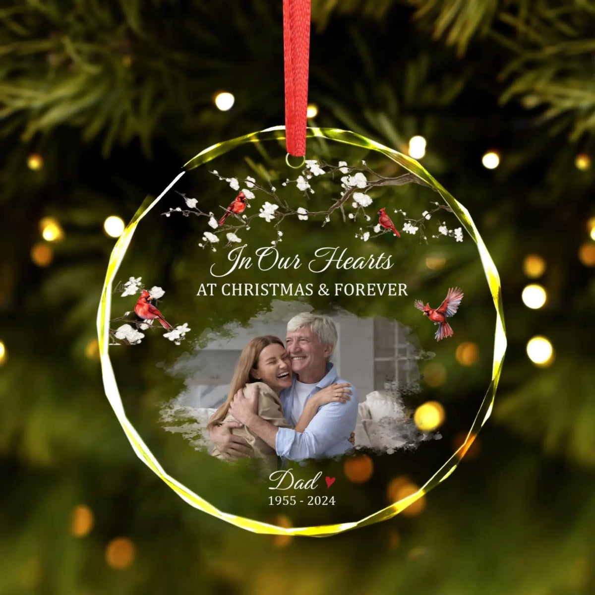 Custom Photo Memorial With Cardinal Christmas - Personalized Glass Ornament, Memorial Gift