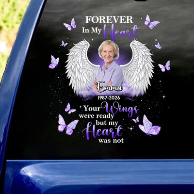 Memorial Custom Photo Wings Forever In My Heart - Personalized Decal,  Memory Family Loss Custom Name And Date Decal