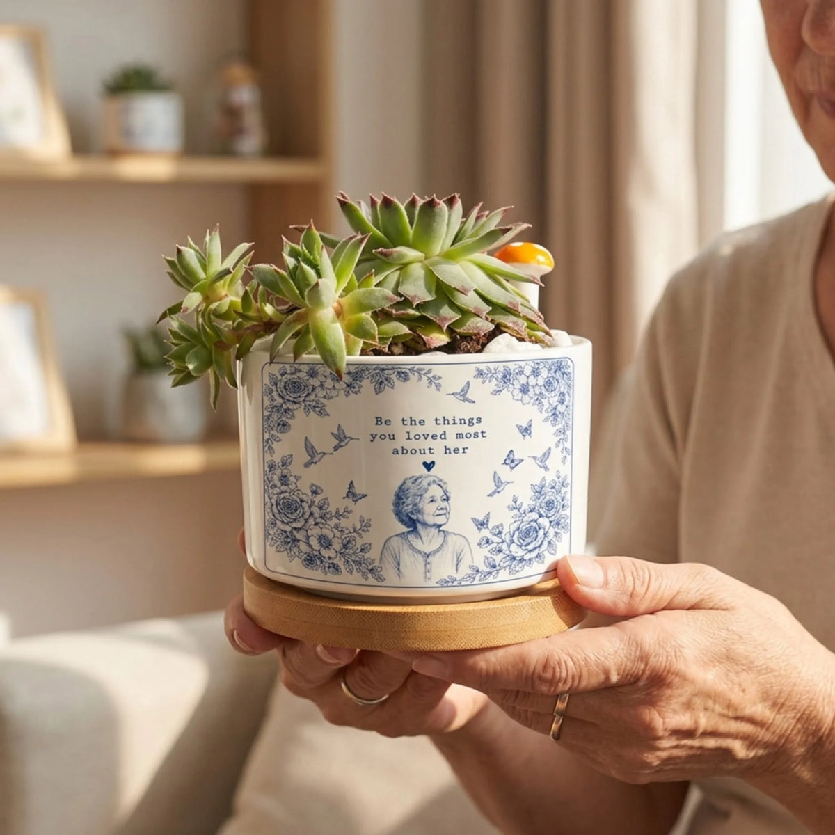 Be The Things You Loved Most About Her - Personalized Plant Pot, Memorial Gift For Loss Of Loved One With Custom Portrait, Blue Toile De Jouy Gift