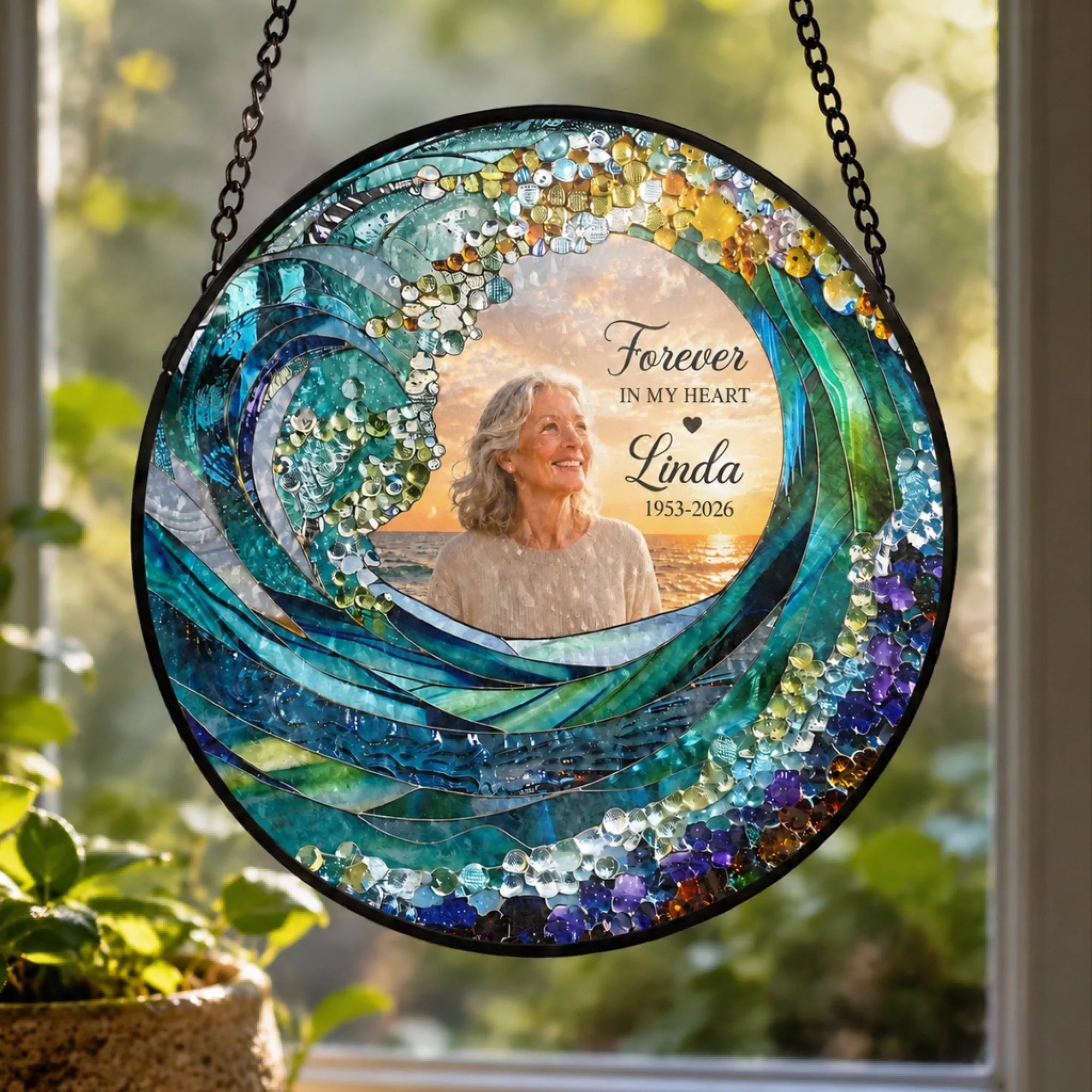 The Waves Carry Your Memory - Personalized Window Stained Glass, Memorial Gift For Loss Of Loved One