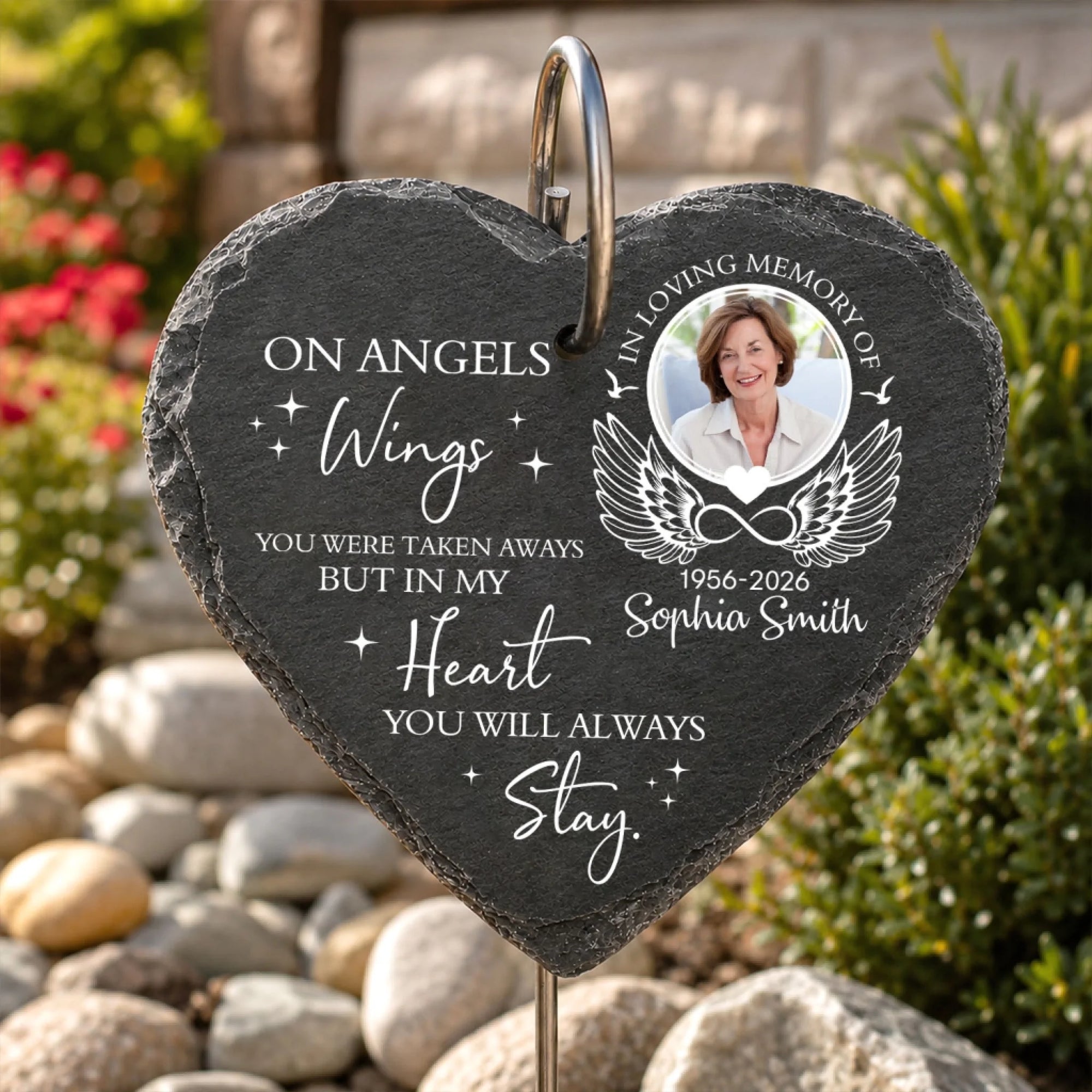On Angels Wings You Were Taken Away, But In My Heart You Will Always Stay - Personalized Garden Slate, Sympathy Gift for Loss of Loved One