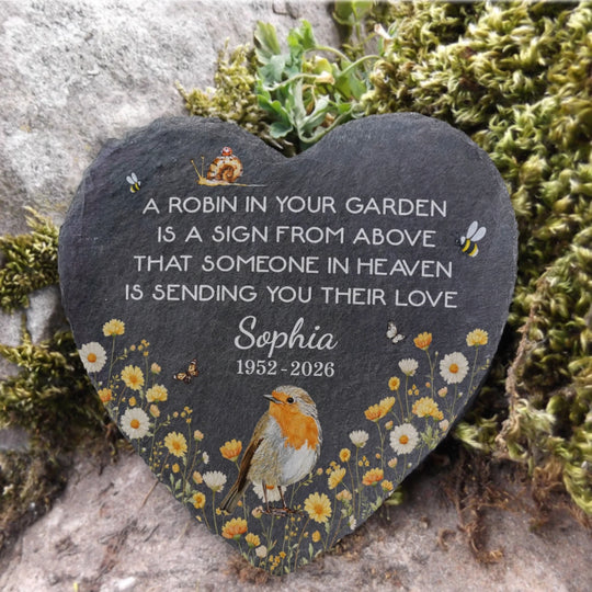 A Robin In Your Garden Is A Sign From Above That Someone In Heaven Is Sending You Their Love - Her Love Still Blooms Here - Personalized Memorial Stone, Sympathy Gifts, Memorial Gift