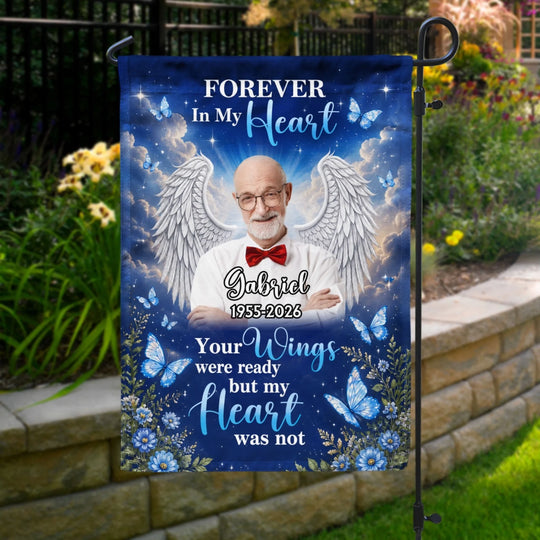Gone From Our Sight, Never From Our Hearts - Personalized Garden Flag, Custom Photo Angel Wings Flag, Remembrance Gift For Loss Of Loved One