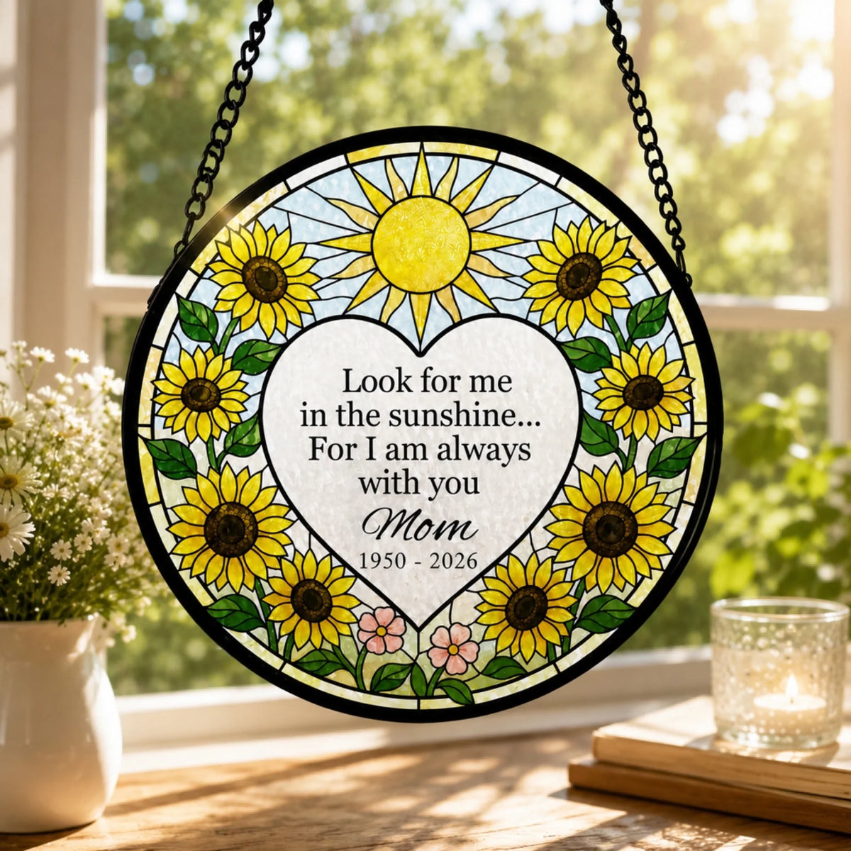 Look For Me In The Sunshine - Personalized Window Stained Glass, Memorial Sunflower Suncatcher, Sympathy Gift For Loss Of Mom