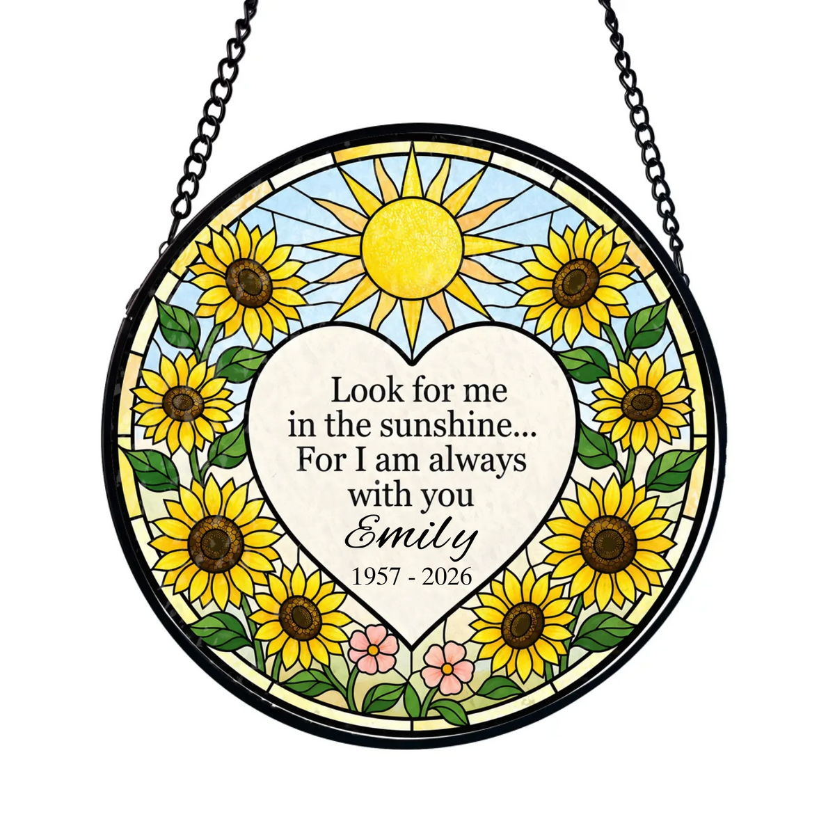 Look For Me In The Sunshine - Personalized Window Stained Glass, Memorial Sunflower Suncatcher, Sympathy Gift For Loss Of Mom